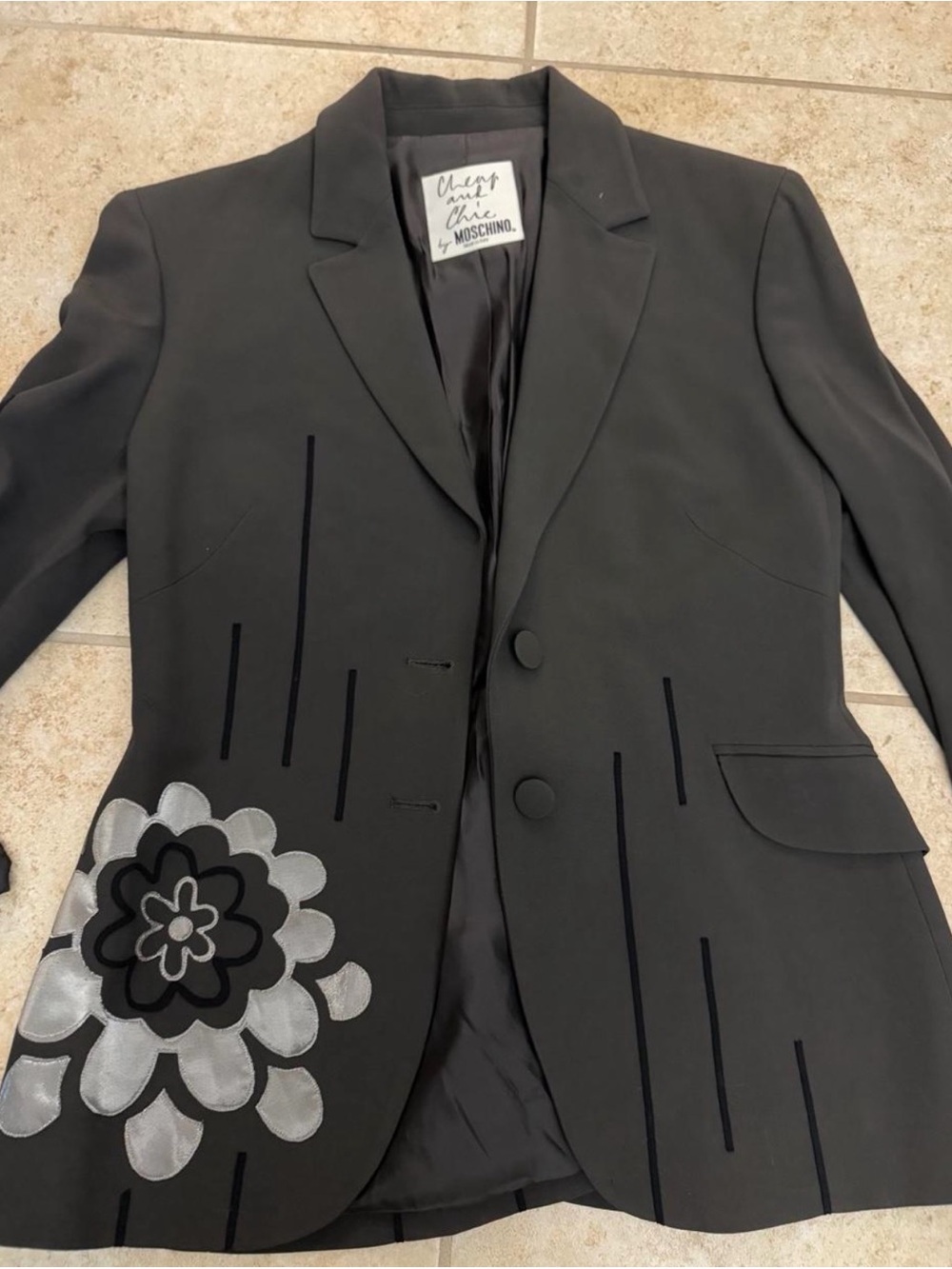 Moschino Black Blazer with Silver & Black Floral Appliqué